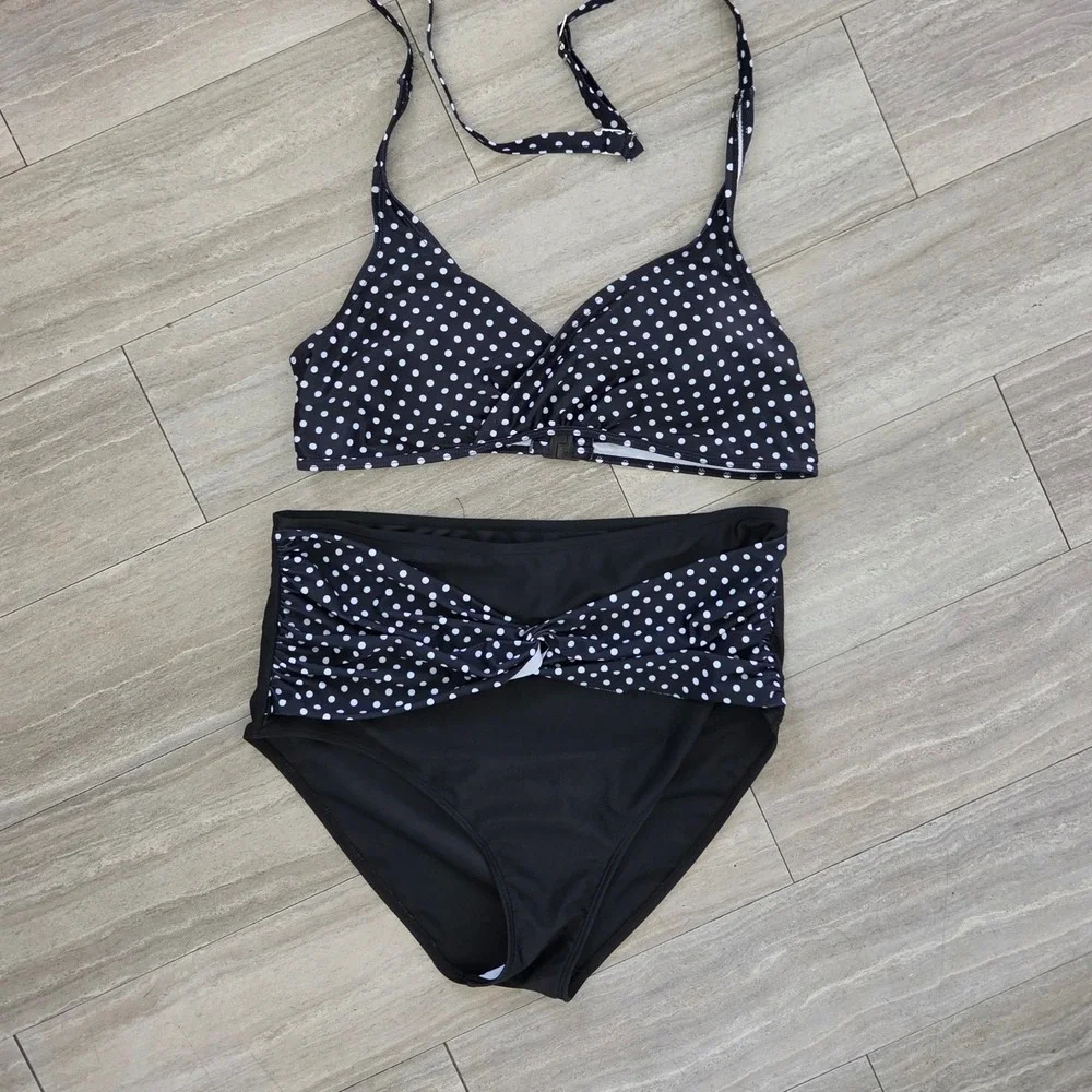 Black Polka Dot High Waisted Bikini Set Retro Halter Swimsuit Plus Size 4XL